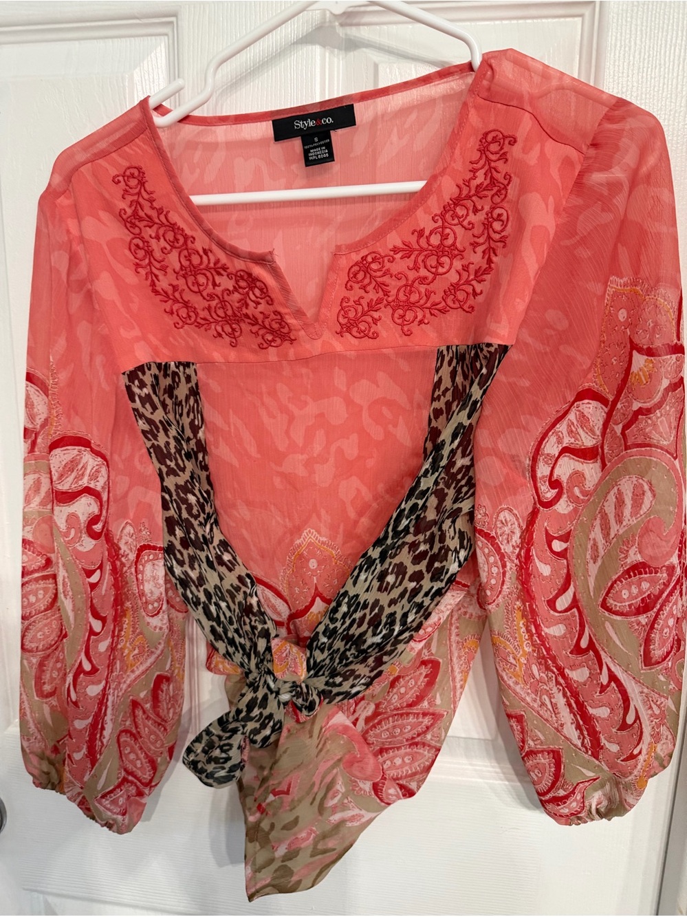 Style & Co. Coral Sheer Embroidered Blouse with Leopard Tie